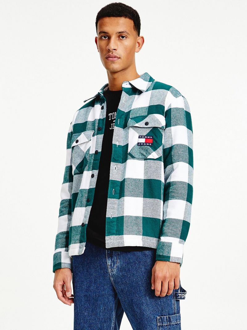 Férfi Tommy Hilfiger Plaid flannel sherpa overshirt Ingek Zöld Fehér | HU 1049RVD